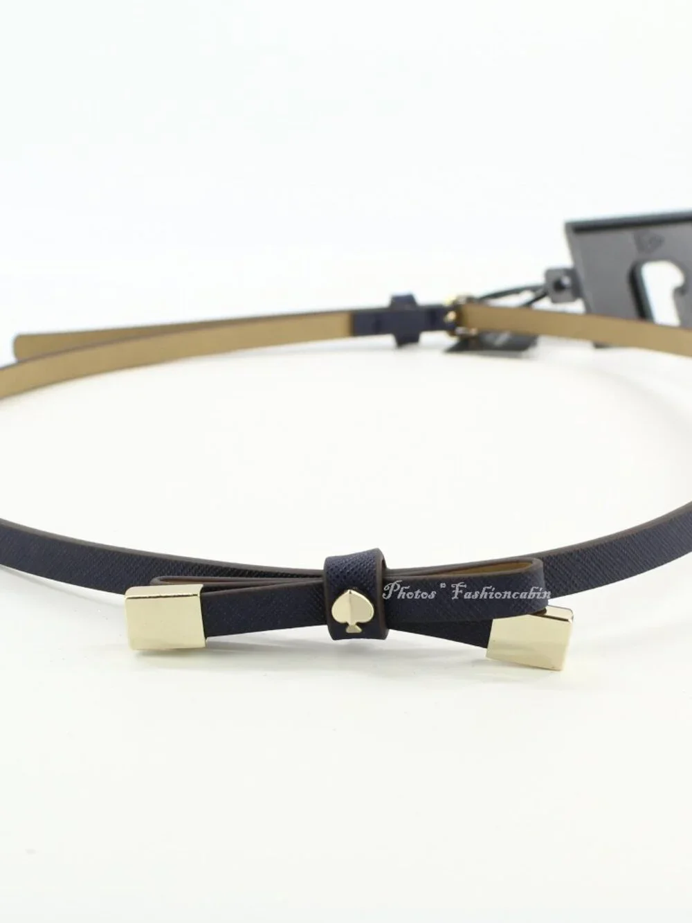 NEW Kate Spade 8mm Goldtone Tips Logo Spade Skinny Bow Belt, Blazer Blue